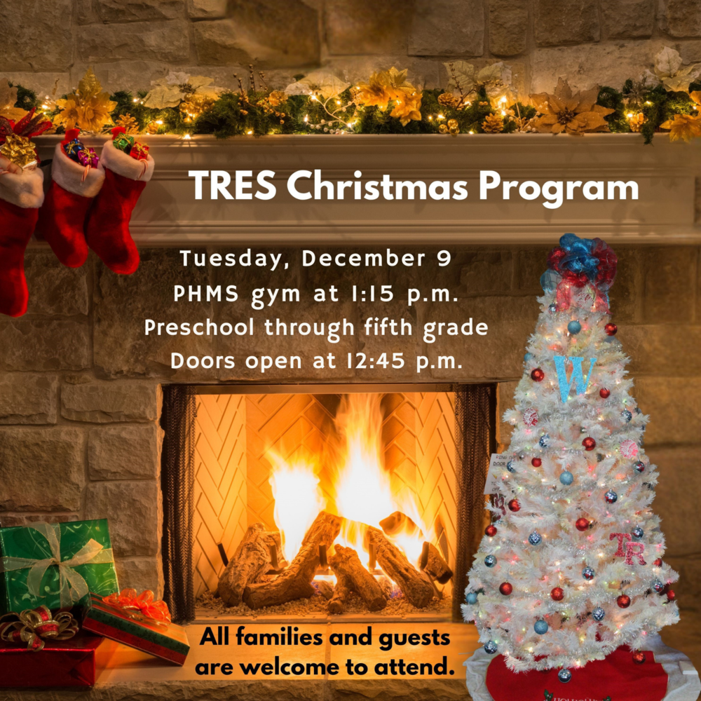 graphic with a fireplace and Christmas tree and information for the Christmas program on Tuesday, December 9 at 1:15 in the PHMS gym