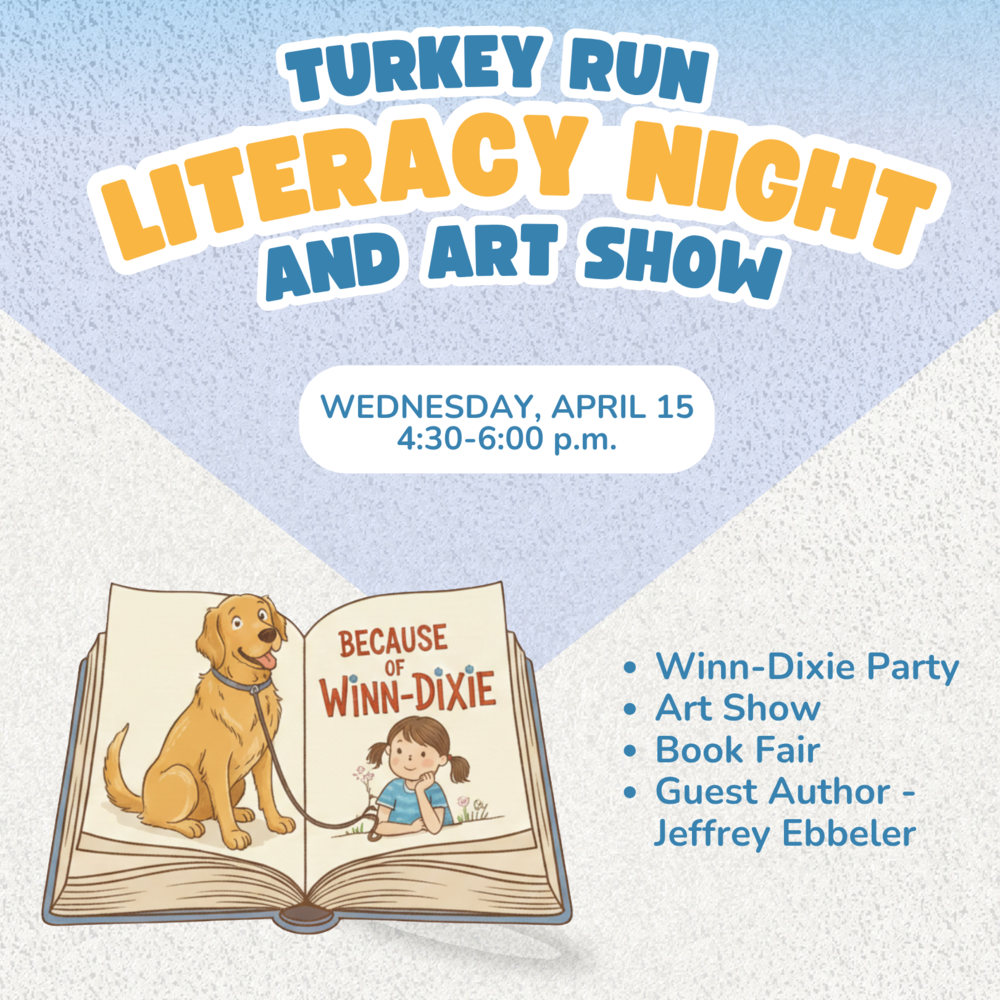 graphic with clipart of a book and information for the Literacy Night on Wednesday, April 15