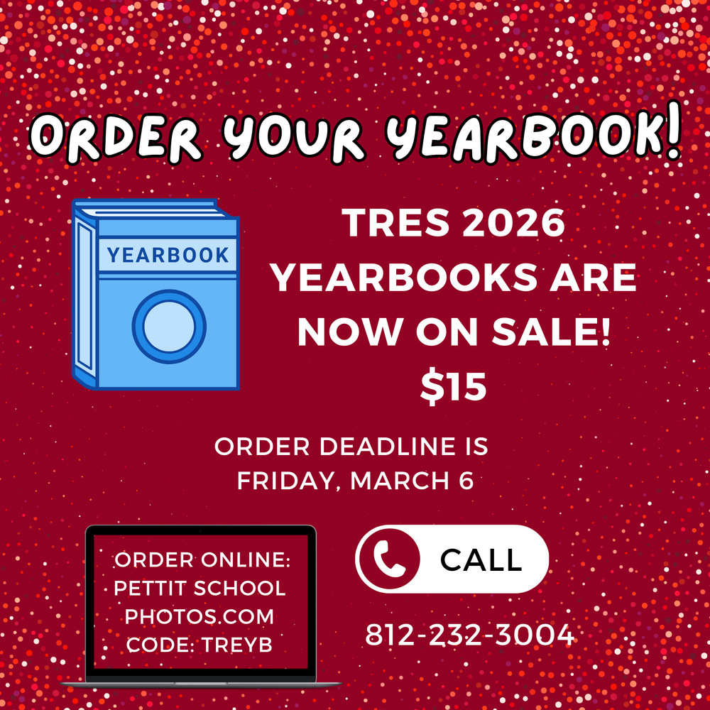 graphic with a clipart of a yearbook and information for ordering the yearbook online 