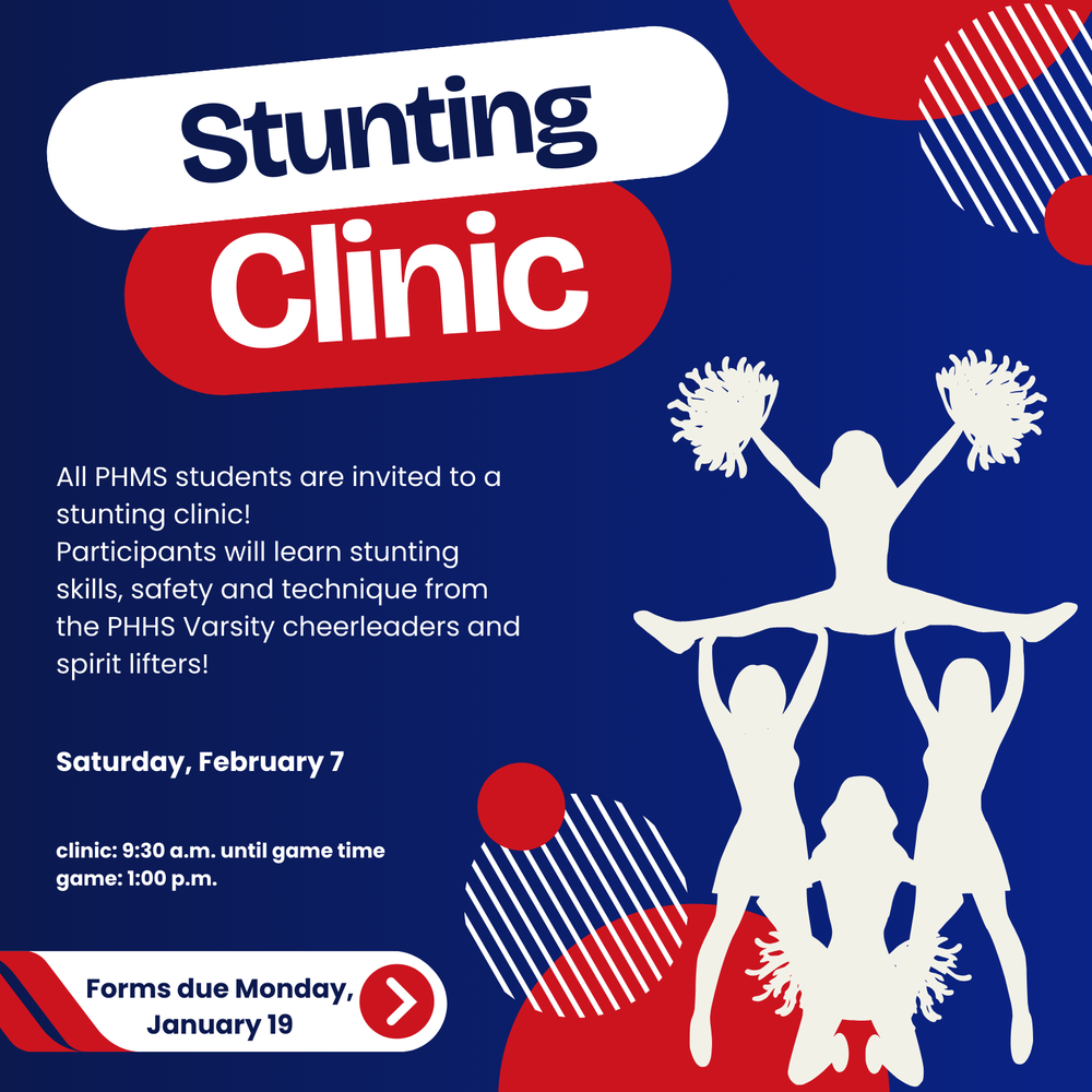 graphic with cheerleaders doing a stunt and information for the stunting clinic