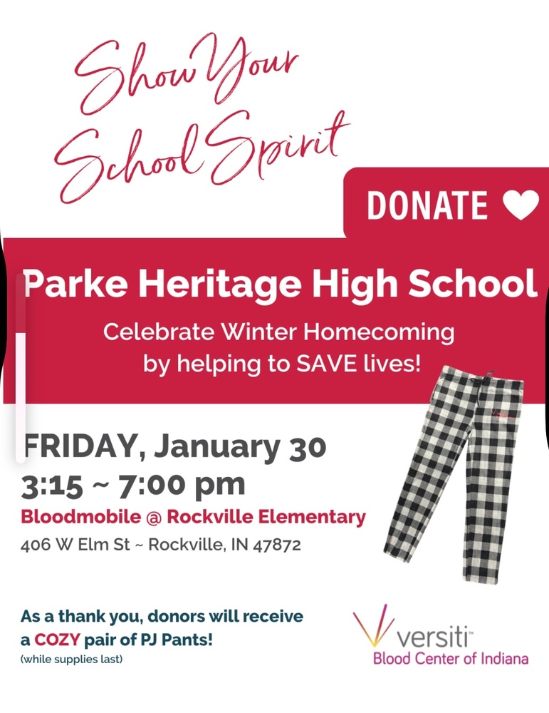 graphic with clipart of pajamas pants and information for the blood drive on January 23