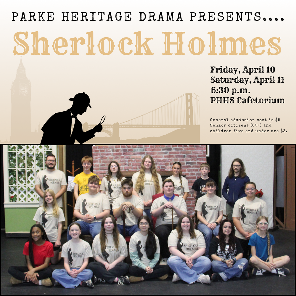 graphic with Sherlock Holmes clipart and a photo of the cast and information for the play