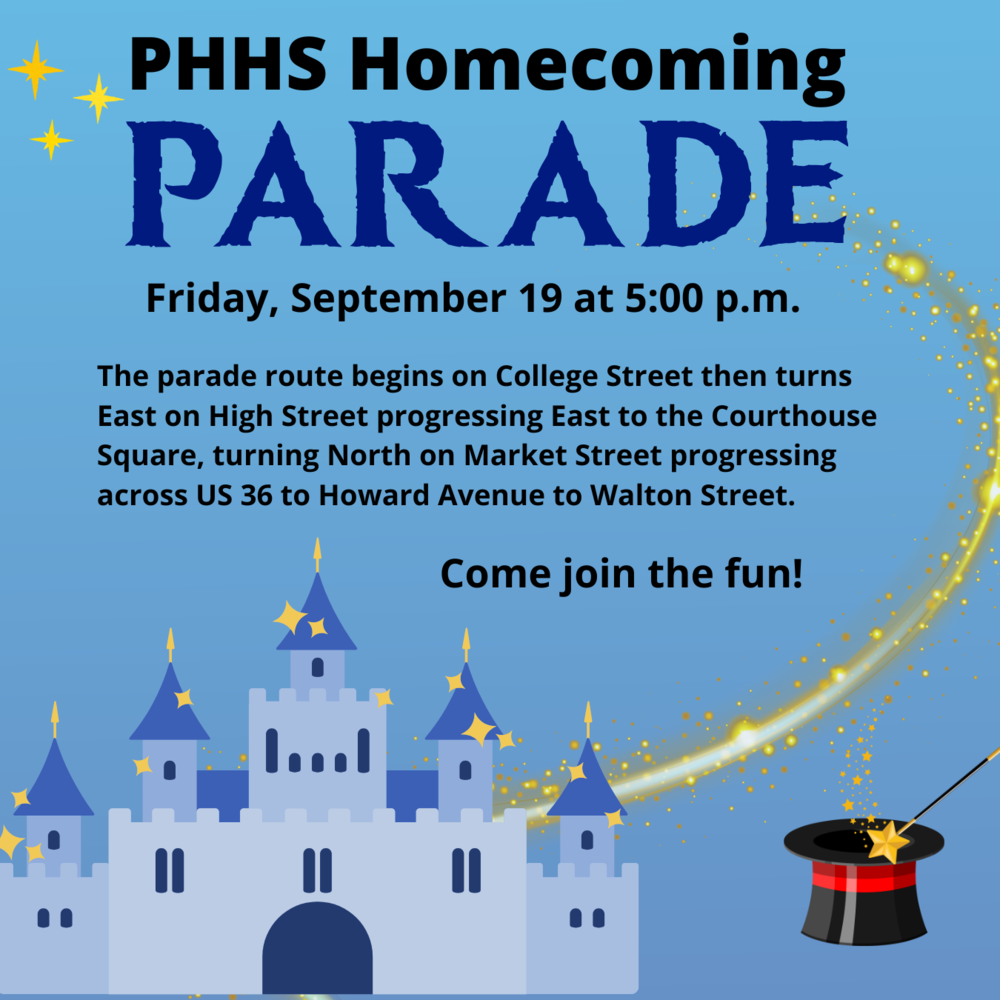 graphic with a castle and magic hat and information for the Homecoming parade route