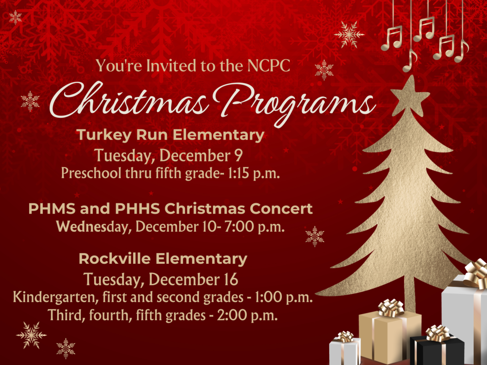 graphic with a Christmas tree, presents and music notes- Christmas program information