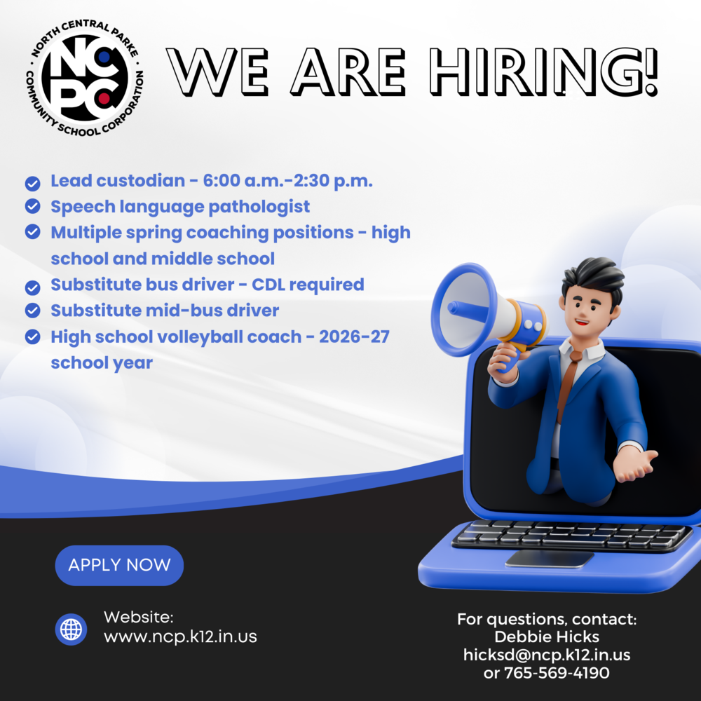 graphic with clipart of a man with a bullhorn coming out of laptop and information for current employment opportunities