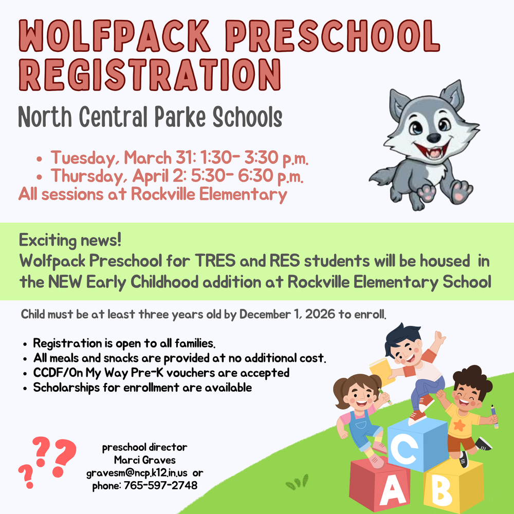 graphic with clipart of children, blocks, and a little wolf and information for preschool registration