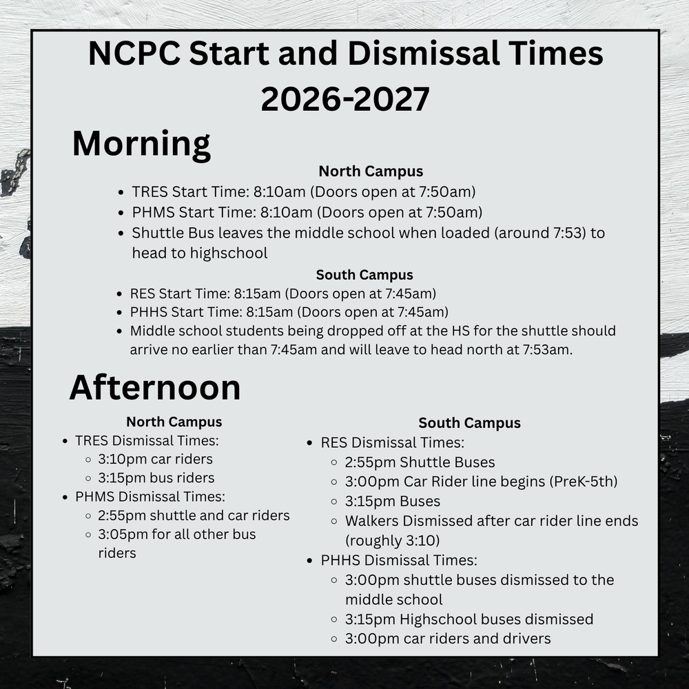 Graphic listing North Central Parke Community Schools' 2026–2027 start and dismissal times for North and South Campuses, including school start times, door opening times, shuttle bus schedules, and afternoon dismissal times for car riders, bus riders, walkers, and shuttle students.