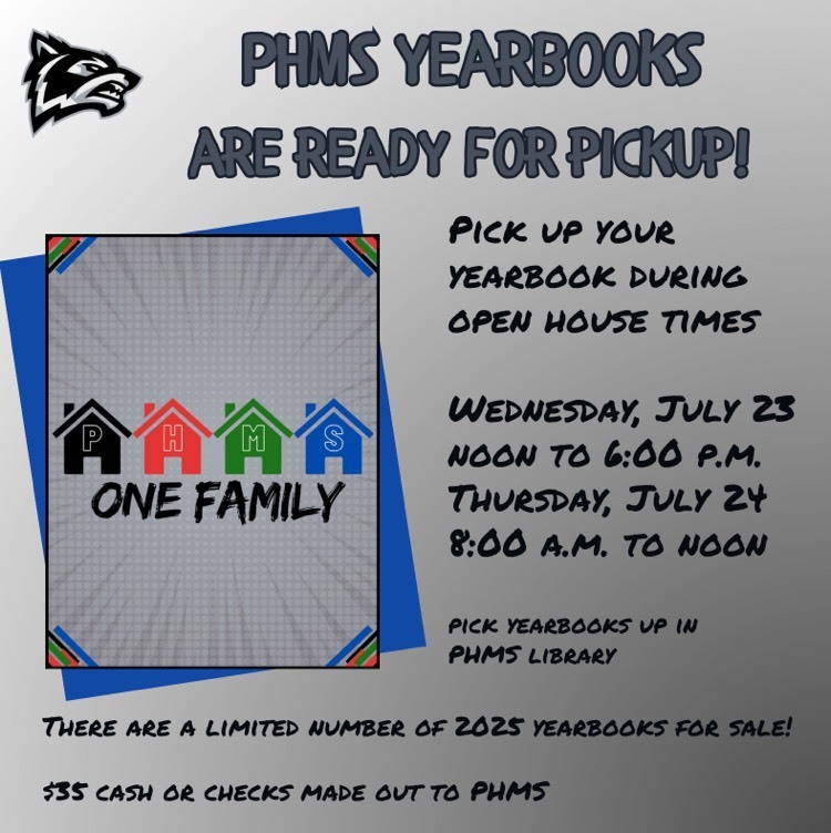 graphic showing dates and times to pick up the PHMS yearbook