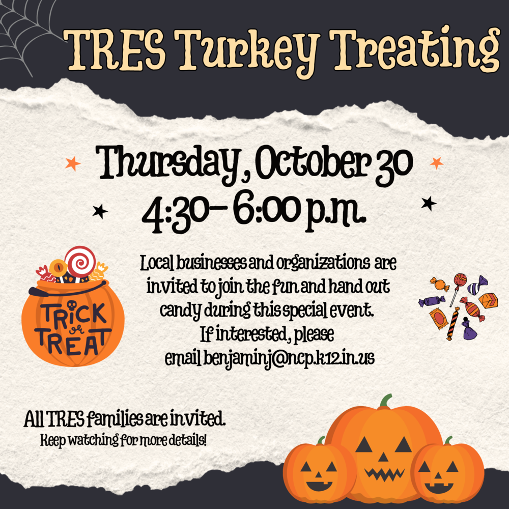 graphic with Halloween clipart and information for the Turkey Treating event