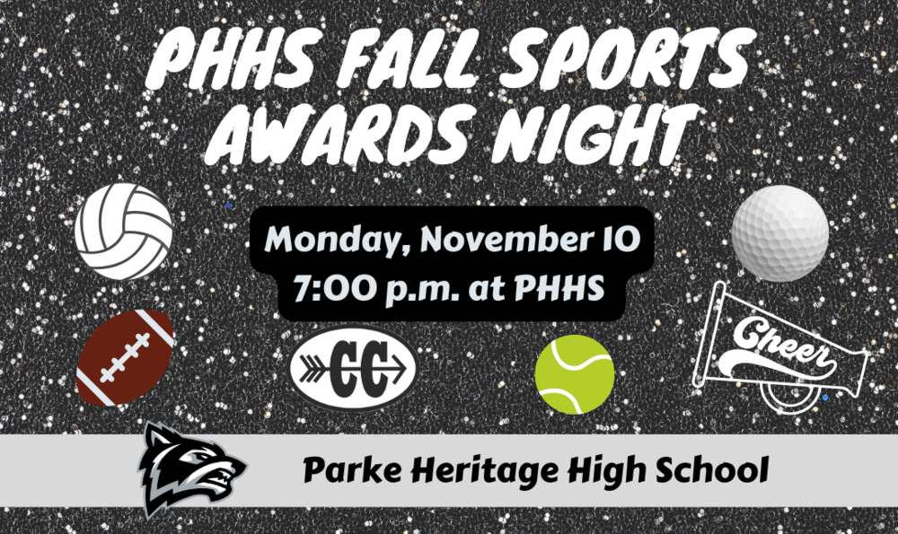 graphic with sports icons and information for the PHHS fall sports awards night on Monday, November 10