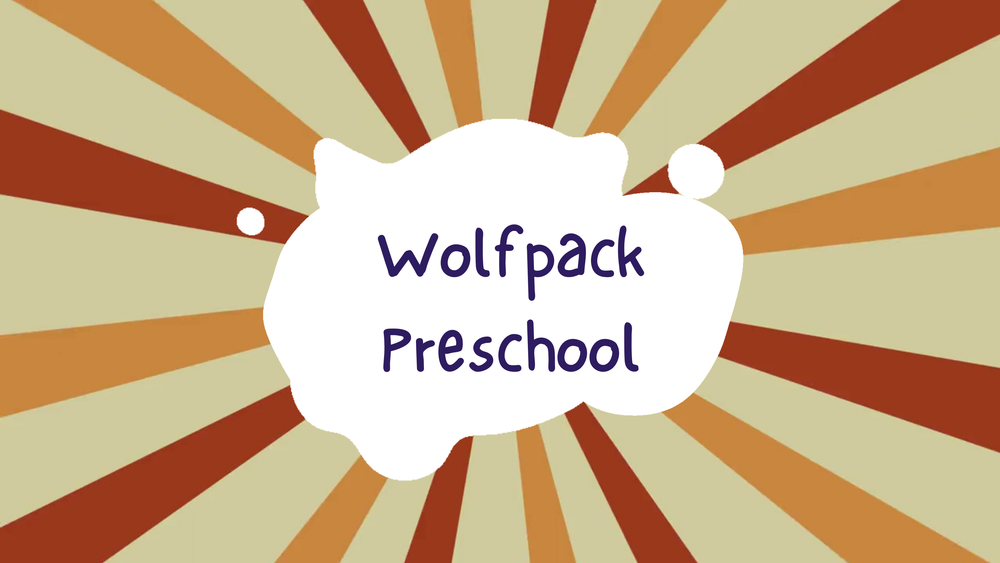 graphic with diagonal lines and a speech bubble that says Wolfpack Preschool