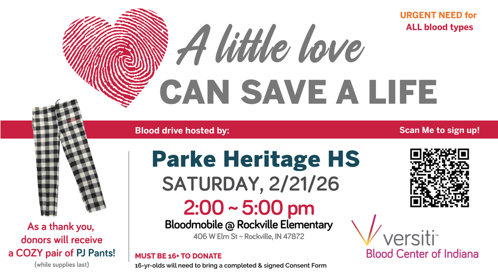 A wide, landscape-oriented promotional graphic for a blood drive hosted by Parke Heritage High School. The design uses a red, white, and gray color scheme with a Valentine's Day theme, featuring a fingerprint heart icon.  Key Information Event Title: "A little love CAN SAVE A LIFE"  Host: Parke Heritage HS  Date: Saturday, 2/21/26  Time: 2:00 PM – 5:00 PM  Location: Bloodmobile @ Rockville Elementary (406 W Elm St ~ Rockville, IN 47872)  Organization: Versiti Blood Center of Indiana