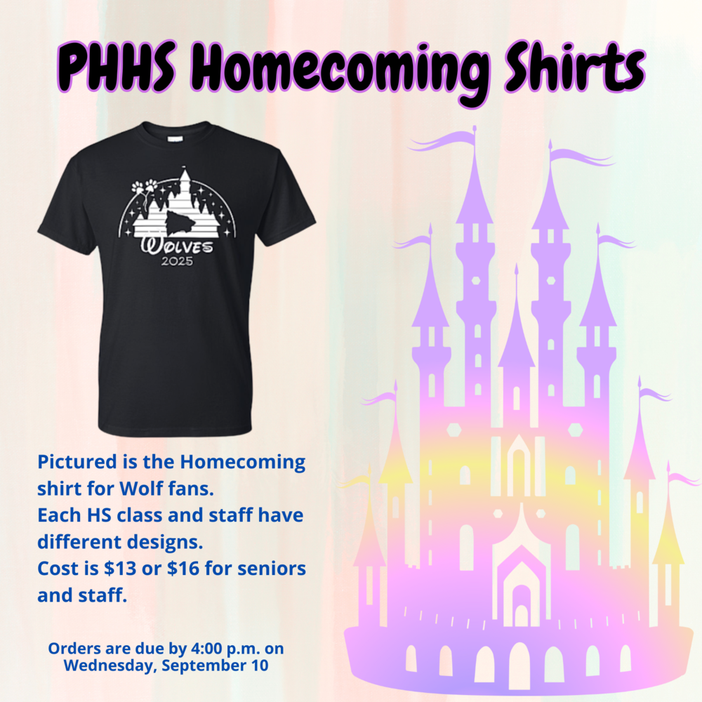 graphic with a castle and a sample shirt for the fall homecoming shirts
