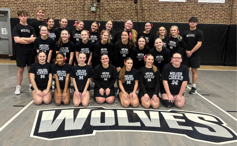 three rows of cheerleaders sitting, squatting or standing on the gym floor with the big letters of Wolves in front of them