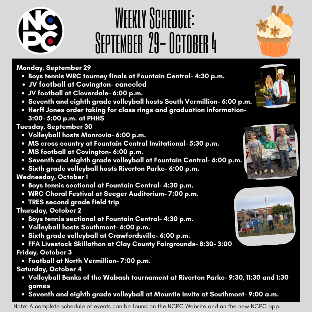 graphic with three photos and fall clip art and information for the weekly schedule for September 29- October 4