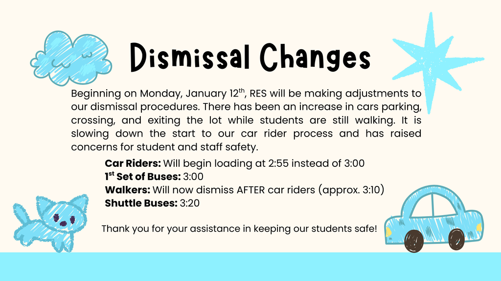 Graphic with clip art that explains Dismissal Changes beginning on Monday, January 12th. 
