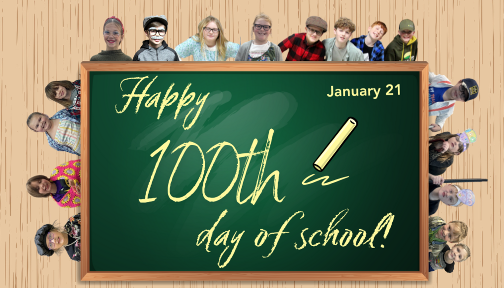 graphic with a chalboard and the words happy 100th day of school and photos of students dressed up as 100-year-old people
