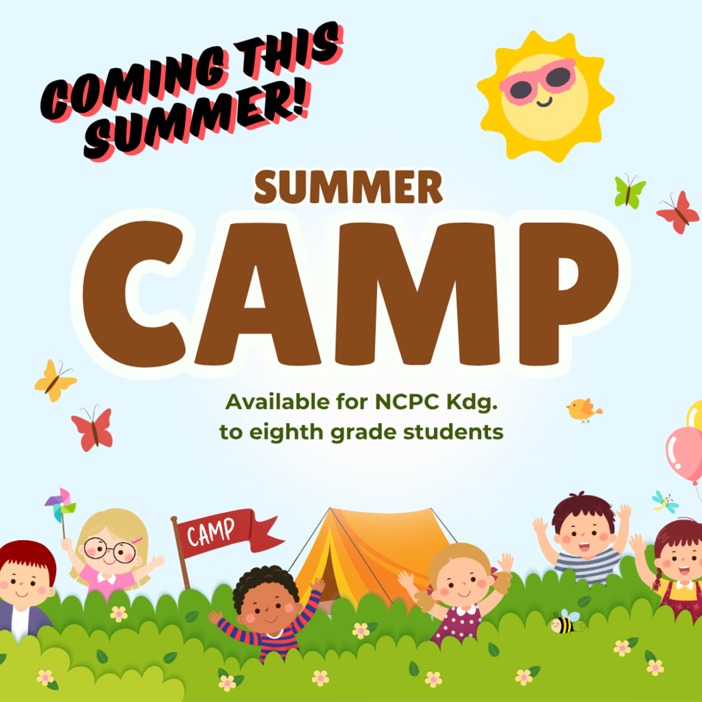graphic with kids in a grassy area with a tent and information for summer camp
