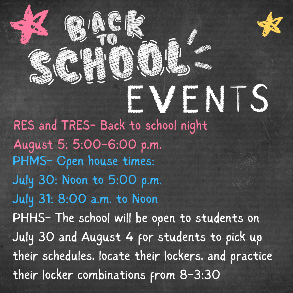 Graphic with a chalkboard background listing back-to-school events for North Central Parke schools, including RES/TRES Back-to-School Night on August 5, PHMS open house times on July 30 and 31, and PHHS schedule pickup and locker practice on July 30 and August 4 from 8:00 a.m.–3:30 p.m.