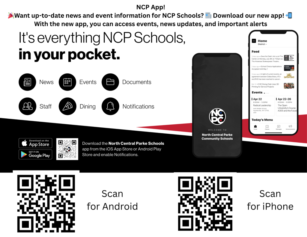 Promotional graphic for the North Central Parke Schools mobile app featuring app screenshots, QR codes for Android and iPhone downloads, and icons highlighting access to news, events, documents, staff information, dining menus, notifications, and school alerts.