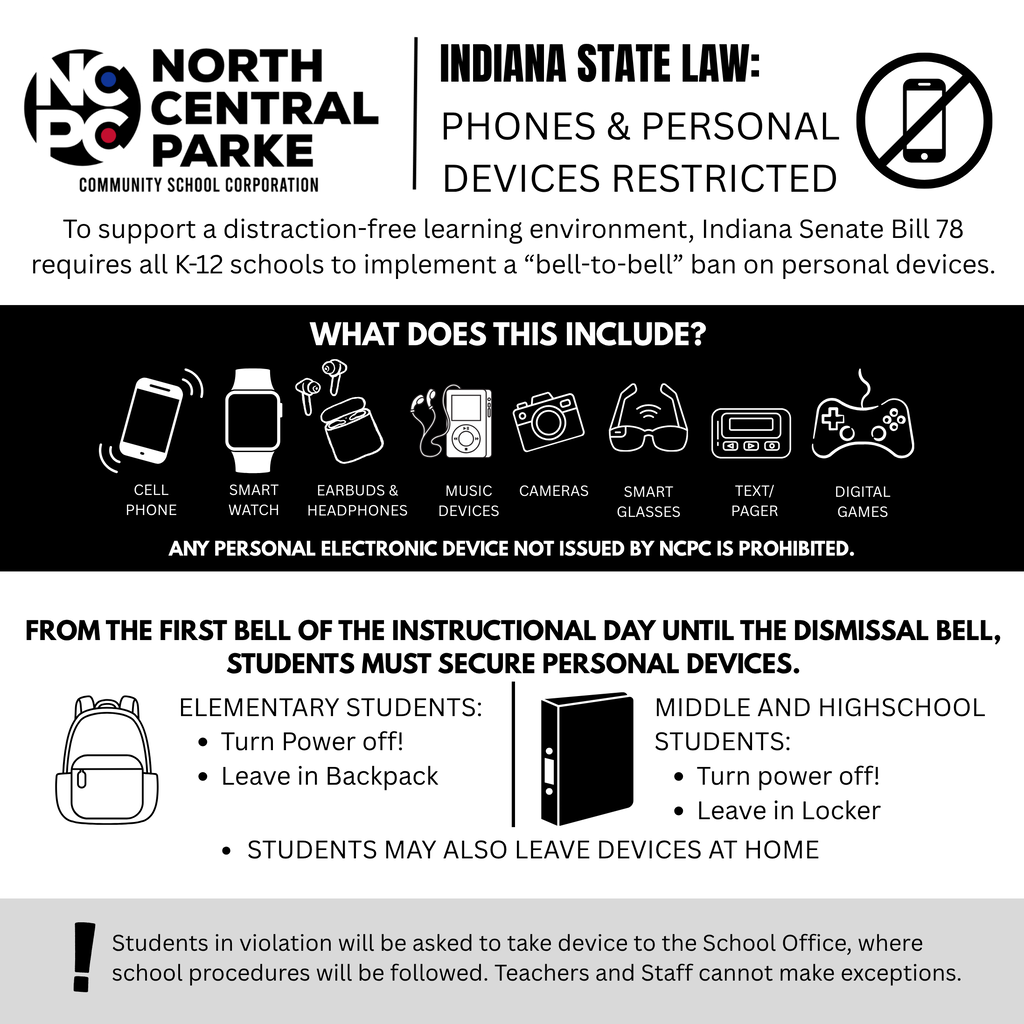 Black, white, and silver infographic from North Central Parke Community School Corporation explaining Indiana's new bell-to-bell personal device law. The graphic lists prohibited personal electronic devices, explains that devices must be powered off and stored during the school day, and states that students in violation will be directed to the school office where school procedures will be followed, with no exceptions by teachers or staff.
