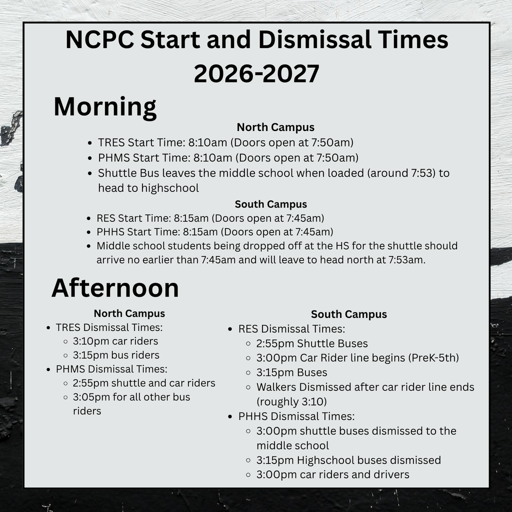 Graphic listing North Central Parke Community Schools' 2026–2027 start and dismissal times for North and South Campuses, including school start times, door opening times, shuttle bus schedules, and afternoon dismissal times for car riders, bus riders, walkers, and shuttle students.