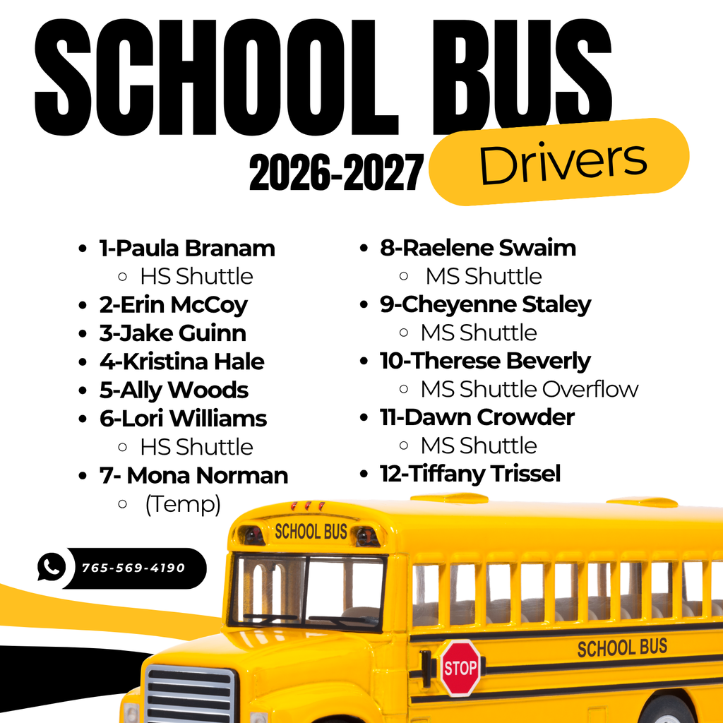 Graphic titled "School Bus Drivers 2026–2027" listing NCPC bus drivers, shuttle assignments, and transportation contact information, with a large yellow school bus illustration across the bottom.