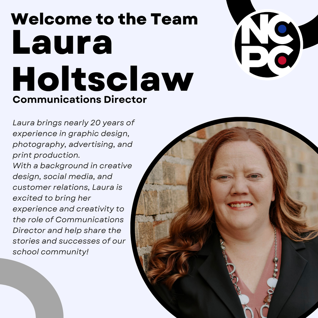 Graphic welcoming Laura Holtsclaw as Communications Director, featuring her photo, professional background, and school logo.