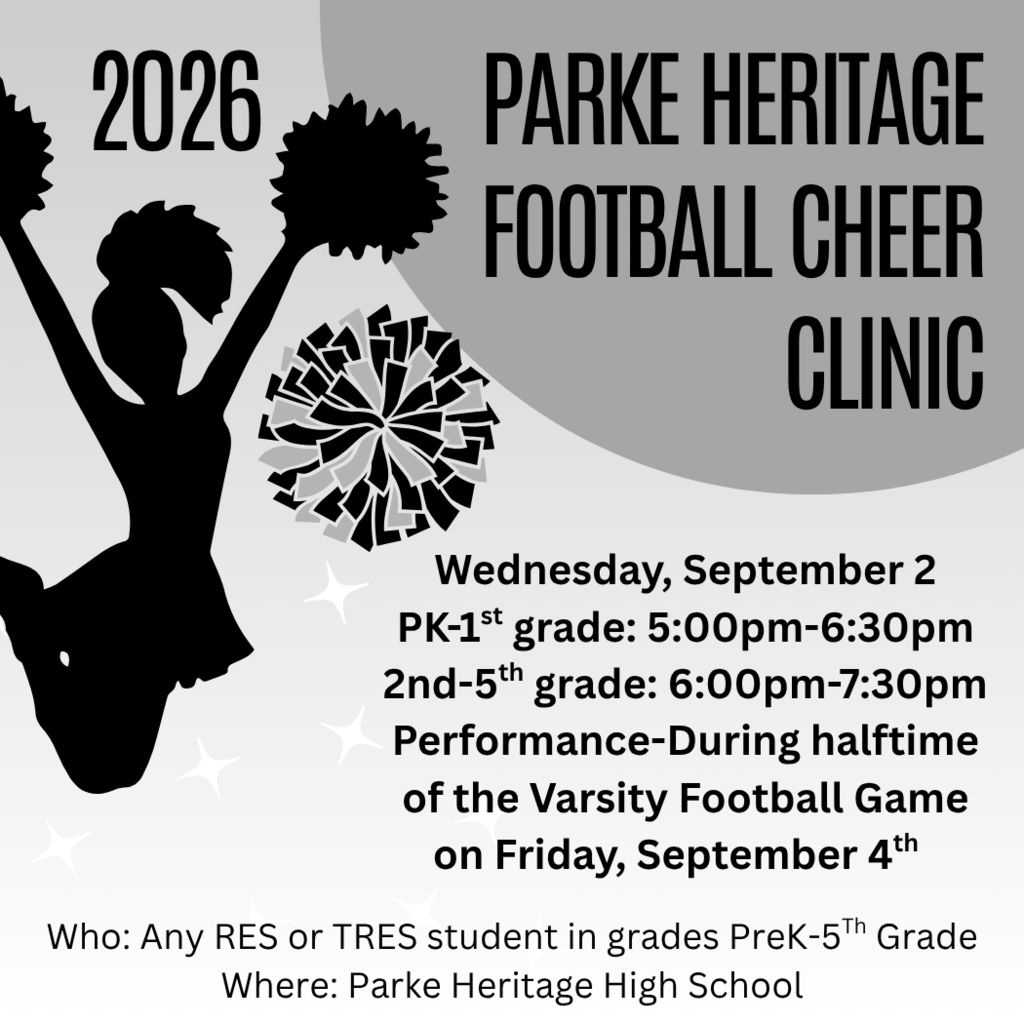 2026 Parke Heritage Football Cheer Clinic for RES and TRES students in PreK–5th grade, with clinic times and halftime performance details.