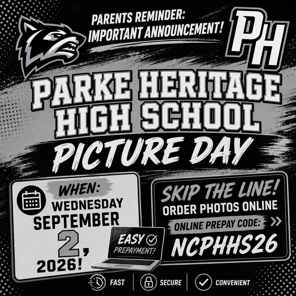 Black-and-white Parke Heritage High School Picture Day graphic with the school wolf logo, picture day date of September 2, 2026, and online photo ordering information.