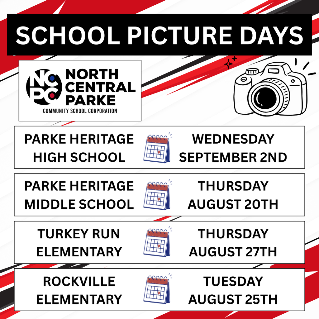 School Picture Day announcement graphic in red, blue, black, and white. It lists four picture dates: Parke Heritage Middle School—August 20, 2026; Rockville Elementary School—August 25, 2026; Turkey Run Elementary School—August 27, 2026; and Parke Heritage High School—September 2, 2026. The graphic includes the North Central Parke Community School Corporation logo and encourages families to mark their calendars.