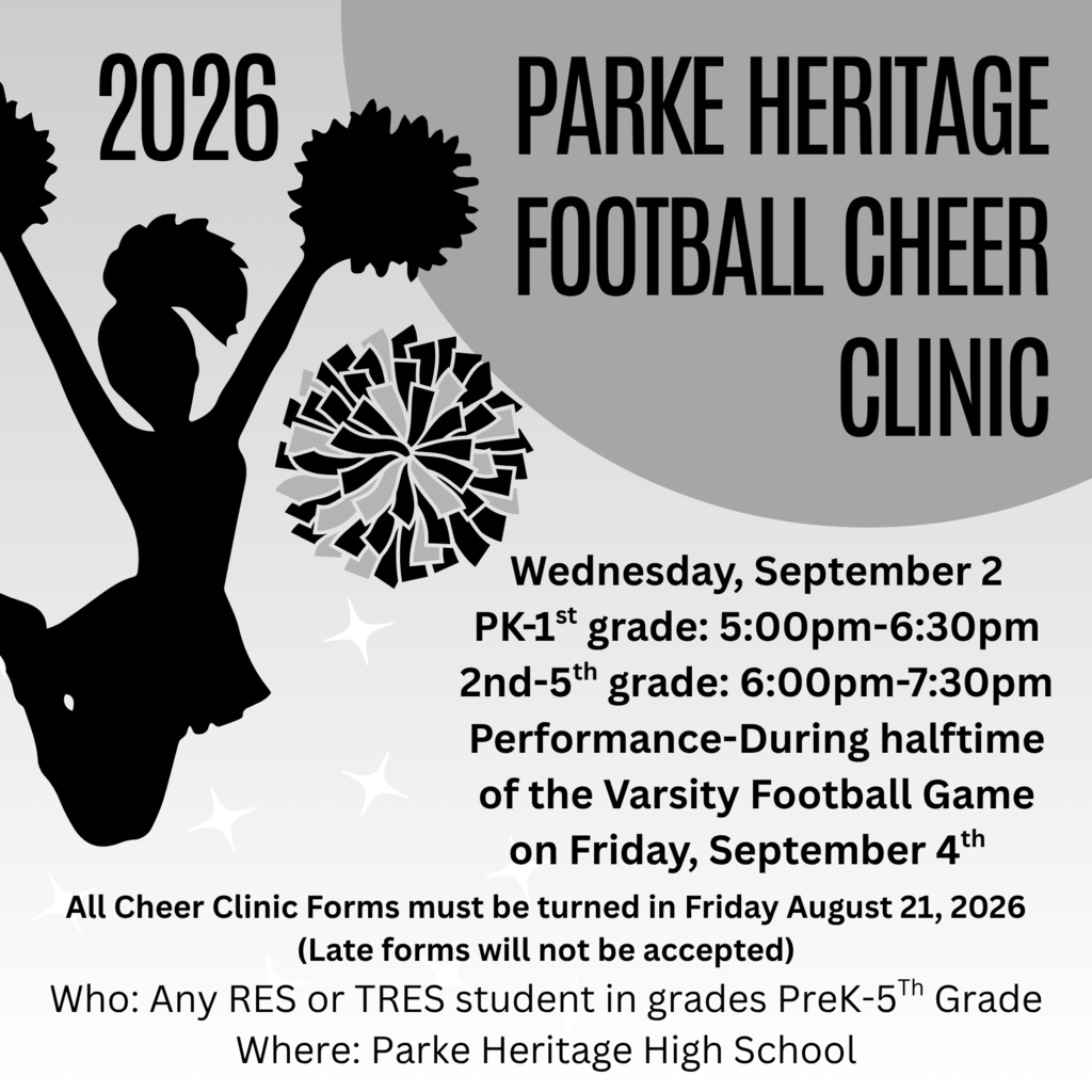 Flyer for the 2026 Parke Heritage Football Cheer Clinic. The clinic is September 2 at Parke Heritage High School for RES and TRES students in PreK–5th grade, with performances during the September 4 varsity football game. Forms are due August 21, 2026.
