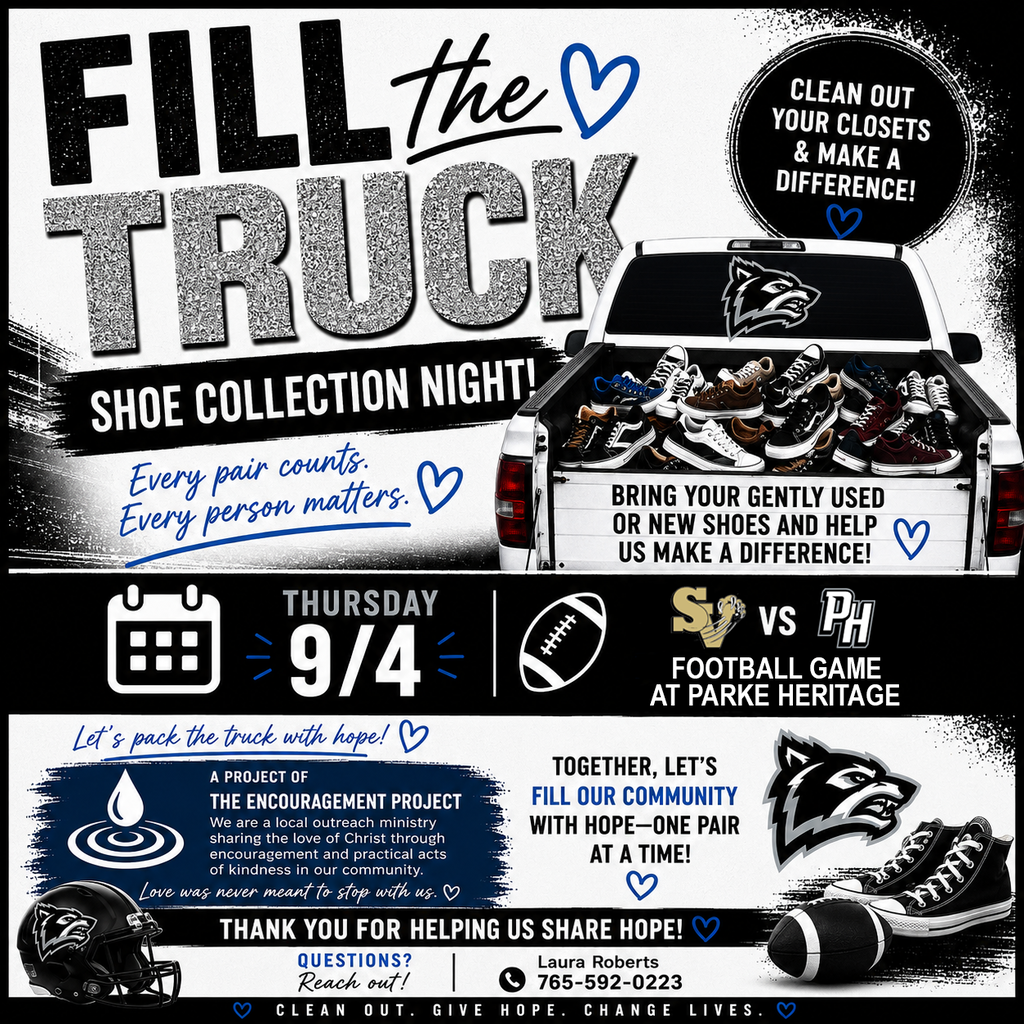 Graphic promoting “Fill the Truck” Shoe Collection Night, featuring a truck filled with shoes, football imagery, team logos, and blue-and-white text. The event is Thursday, September 4, with donations benefiting The Encouragement Project. Contact Laura Roberts at 765-592-0223 for questions.