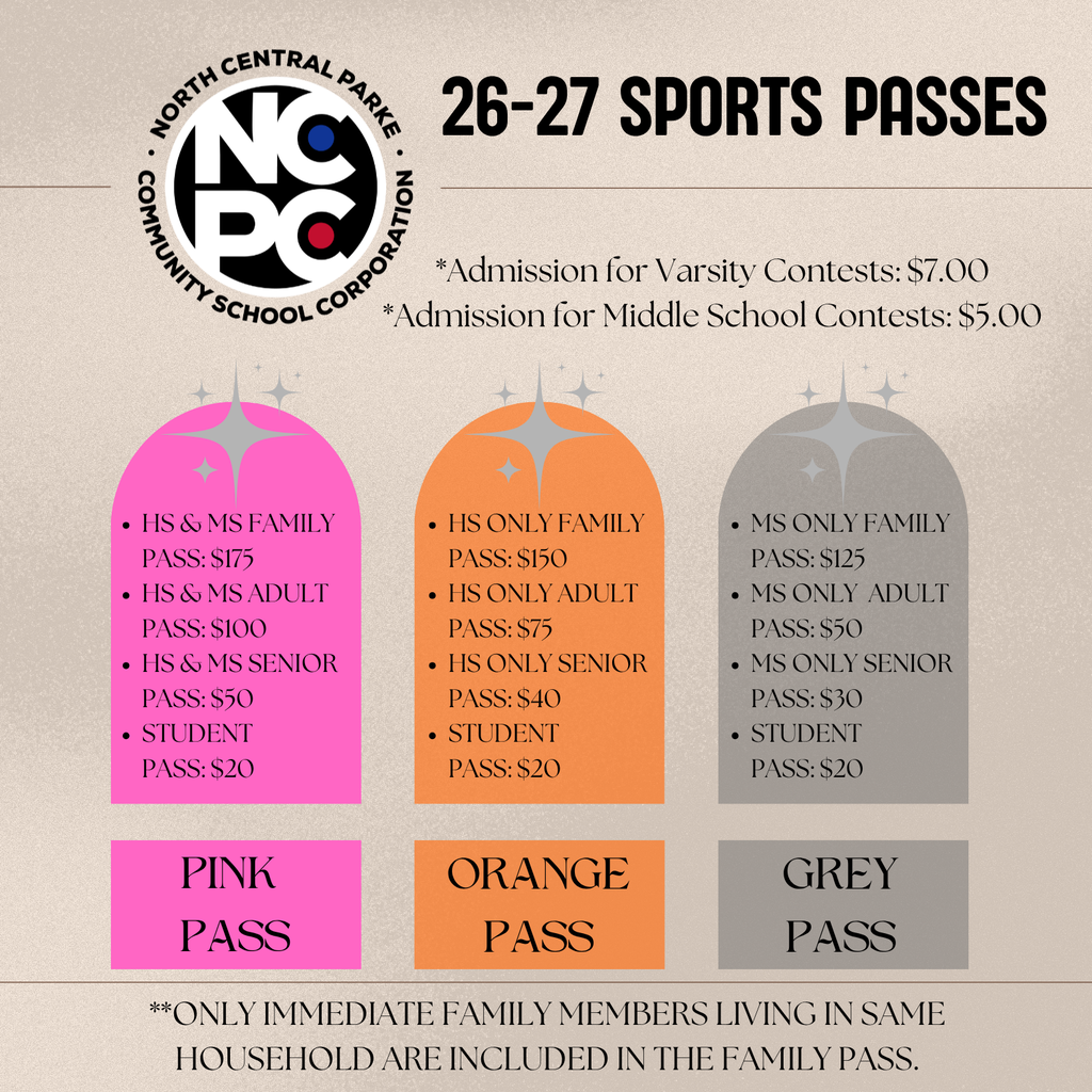 Graphic advertising 2026–27 North Central Parke Community School Corporation sports passes. It lists pink, orange, and grey pass options with prices for families, adults, seniors, and students, along with varsity and middle school admission prices. A note explains that family passes include immediate family members living in the same household.