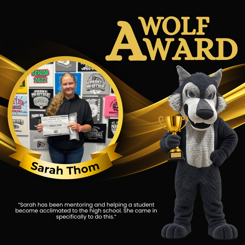 Wolf Award graphic featuring Sarah Thom holding her award certificate, with a wolf mascot holding a trophy beside her.