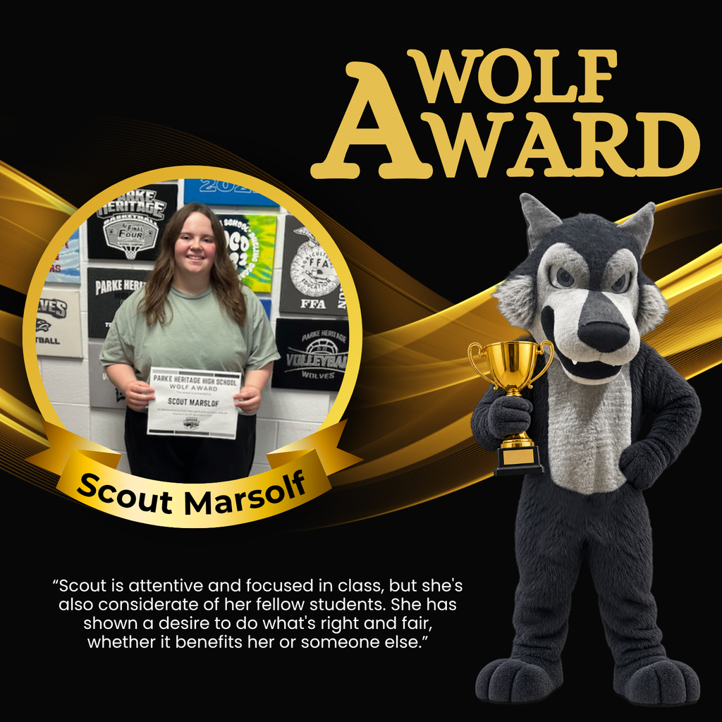 Wolf Award graphic featuring Scout Marsolf holding her award certificate, with a wolf mascot holding a trophy beside her.