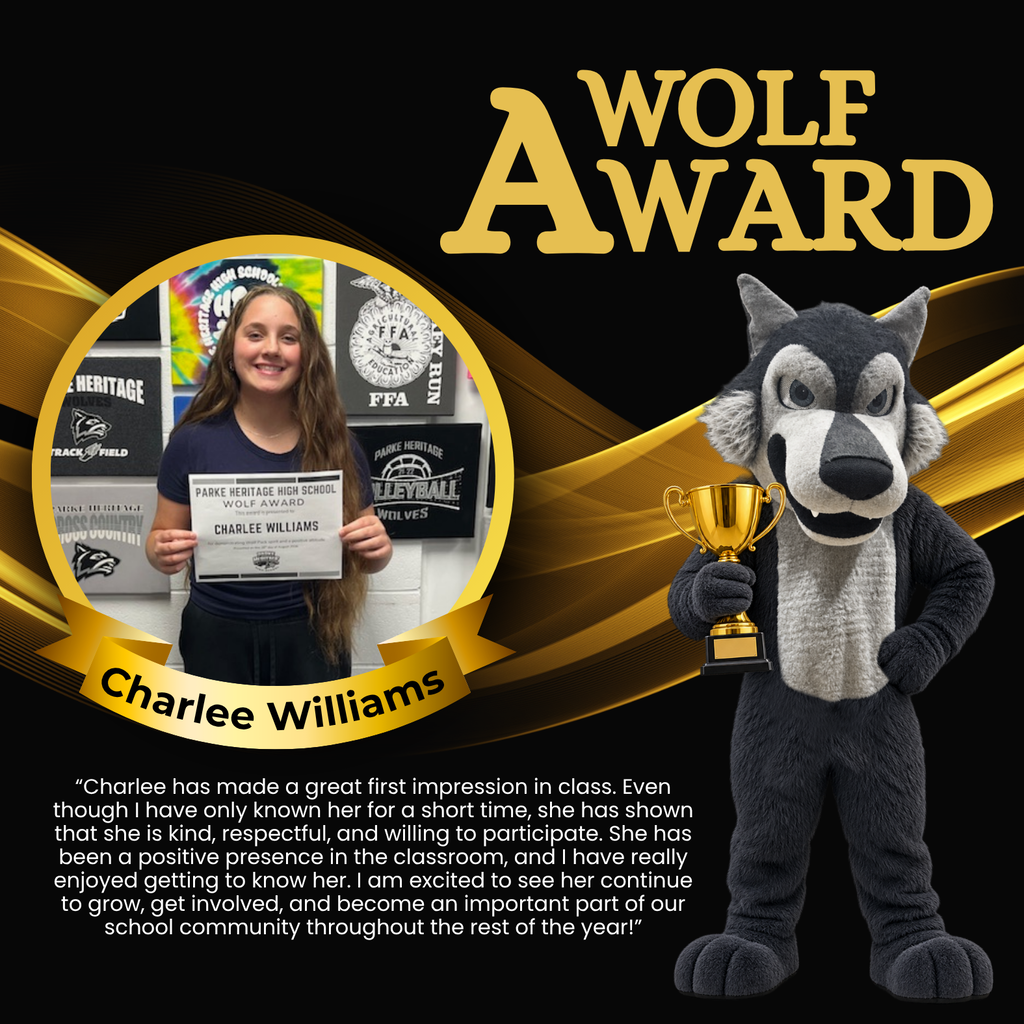 Wolf Award graphic featuring Charlee Williams holding her award certificate, with a wolf mascot holding a trophy beside her.