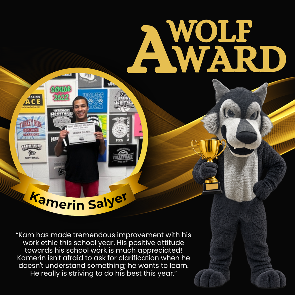 Wolf Award Graphic for Kamerin Salyer with a write up from a staff member about why he deserves the wolf award.