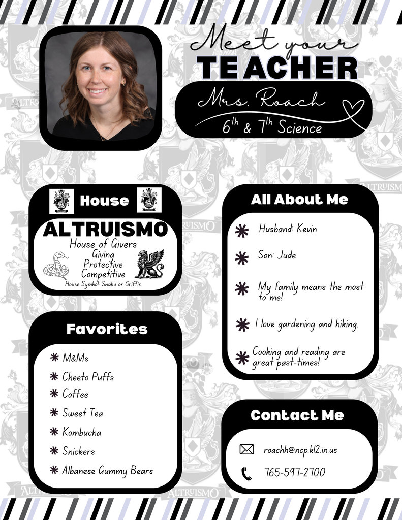 Meet Your Teacher graphic featuring Mrs. Roach, a sixth- and seventh-grade science teacher. The graphic includes her portrait and information about her family, interests, favorites, and contact information. She is married to Kevin and has a son named Jude. She enjoys gardening, hiking, cooking, and reading. Her favorites include M&Ms, Cheeto Puffs, coffee, sweet tea, kombucha, Snickers, and Albanese gummy bears. The graphic also identifies her with the Altruismo House and provides her school email address and phone number.