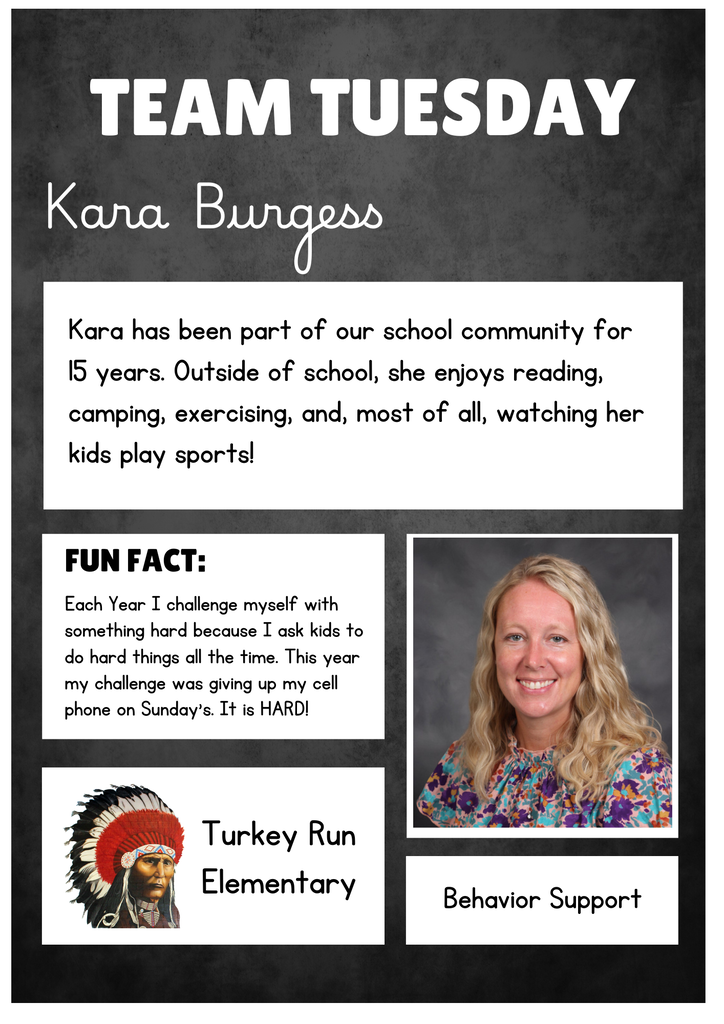 Team Tuesday graphic featuring Kara Burgess. Text highlights her 15 years in the school community and her interests in reading, camping, exercising, and watching her children play sports. Her fun fact describes her challenge of giving up her cell phone on Sundays. Includes her portrait, Turkey Run Elementary logo, and identifies her as Behavior Support.