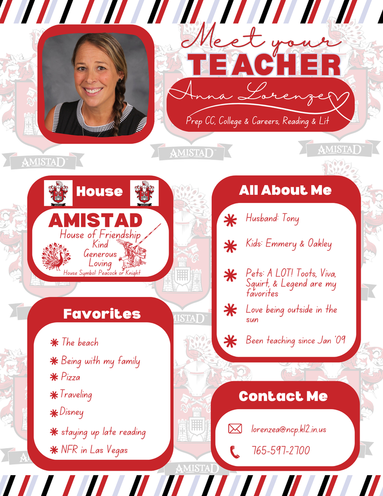 A “Meet Your Teacher” graphic featuring Anna Lorenze, a Prep CC, College & Careers, Reading & Lit teacher. The graphic includes her portrait, Amistad House information, personal details about her husband, children, pets, favorite activities, and her teaching experience since January 2009. It also includes her contact information.