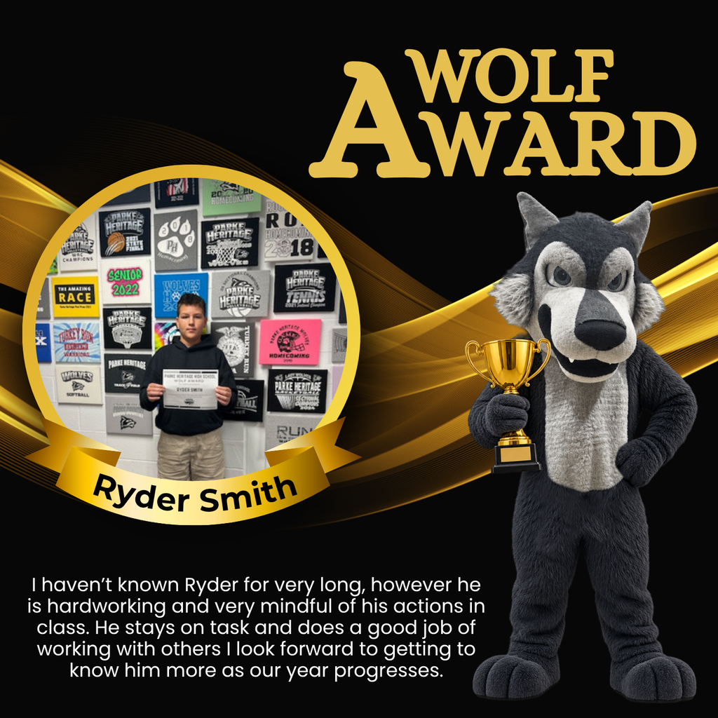 Graphic featuring a “Wolf Award” heading in large gold lettering on a black background with gold wave accents. A photo of Ryder Smith holding a Wolf Award certificate appears inside a gold circular frame. A wolf mascot holding a gold trophy stands on the right. Text recognizes Ryder as hardworking, mindful of his actions, focused, and good at working with others, while expressing appreciation for getting to know him throughout the school year.
