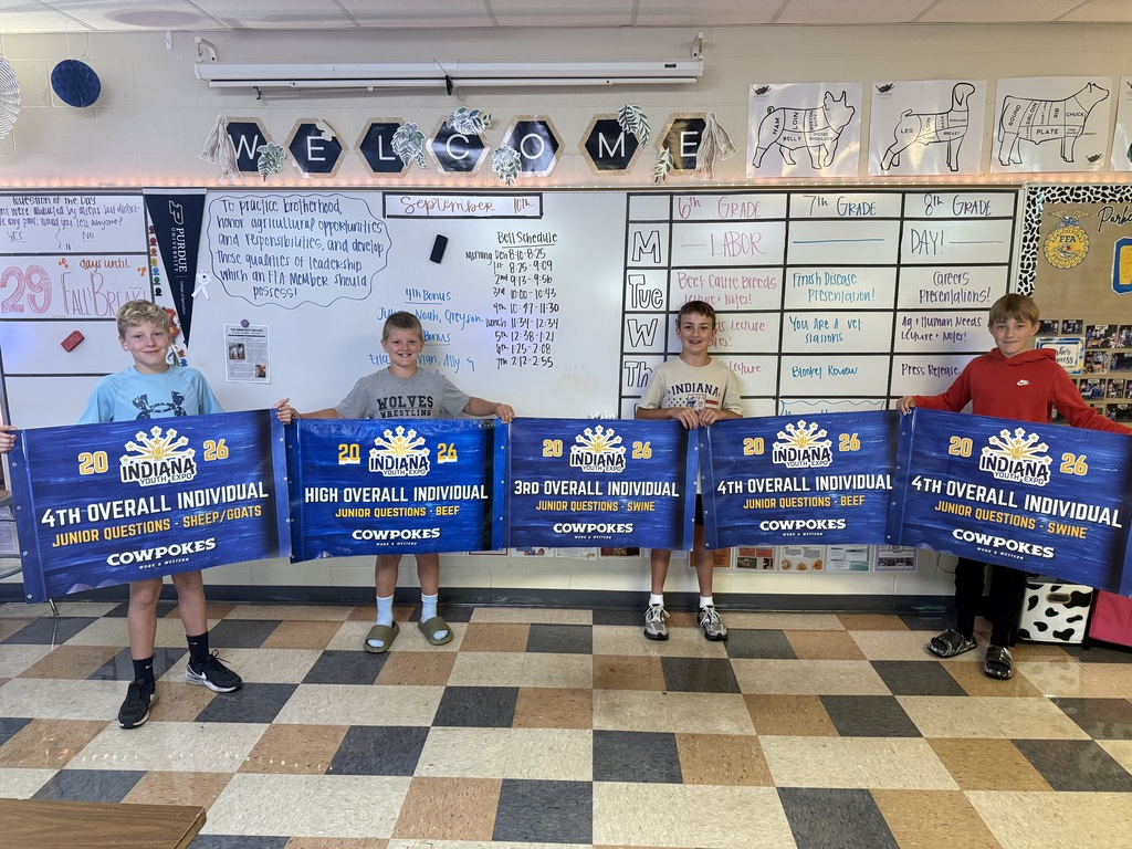 Four young livestock judging team members stand in a classroom holding large blue Indiana Youth Expo award banners. The banners recognize individual achievements, including 4th Overall Individual in Sheep/Goats, High Overall Individual in Beef, 3rd Overall Individual in Swine, and 4th Overall Individual in Beef. Livestock diagrams, a classroom schedule, and agricultural education displays are visible in the background.