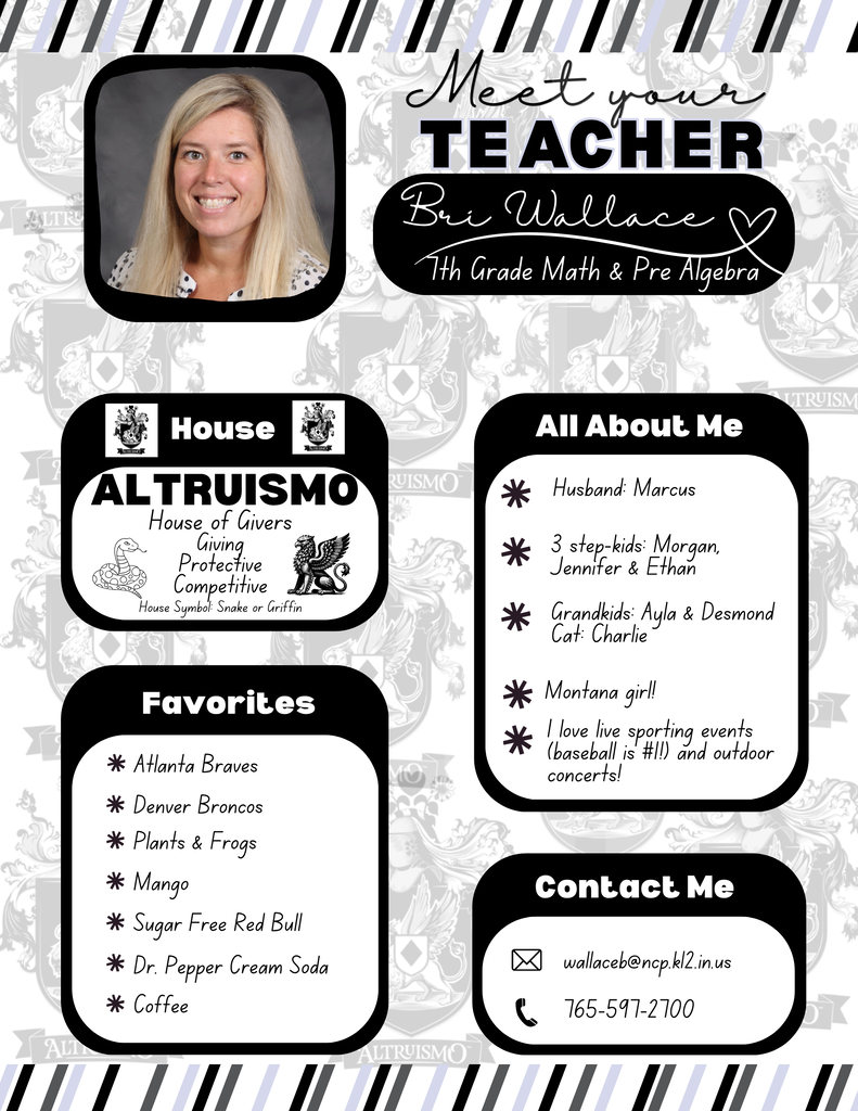 Graphic titled “Meet your Teacher” featuring Bri Wallace, a 7th Grade Math and Pre-Algebra teacher. The graphic includes information about her House affiliation, Altruismo, and lists family members, a cat, interests, favorite teams, foods and drinks, and contact information. It identifies her husband as Marcus, lists three step-children and two grandchildren, and notes that she enjoys live sporting events and outdoor concerts. A professional portrait of Bri appears in the upper-left portion of the graphic.