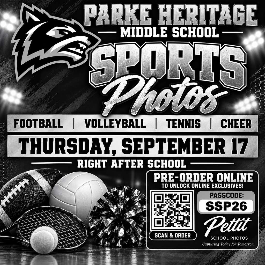 Parke Heritage Middle School sports photo announcement graphic in black, white, and silver. The graphic features the school’s wolf logo and announces Sports Photos for football, volleyball, tennis, and cheer on Thursday, September 17, right after school. It includes a QR code for online ordering, passcode SSP26, and Pettit School Photos branding.