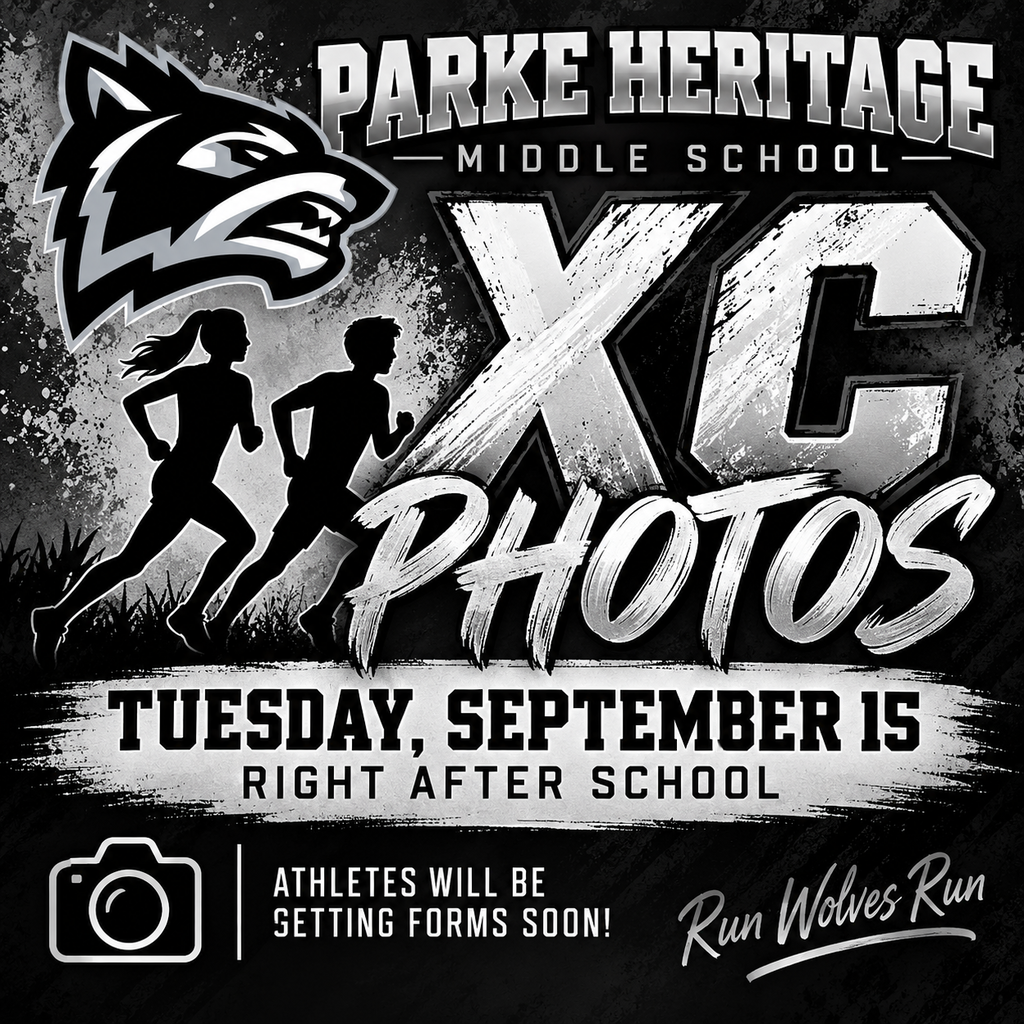 Parke Heritage Middle School Cross Country photo day graphic in black, white, and silver. The graphic features the school’s wolf head logo, silhouettes of two runners, and large text reading “XC Photos.” Photos will be taken Tuesday, September 15, right after school. Athletes will receive photo forms soon with ordering information.