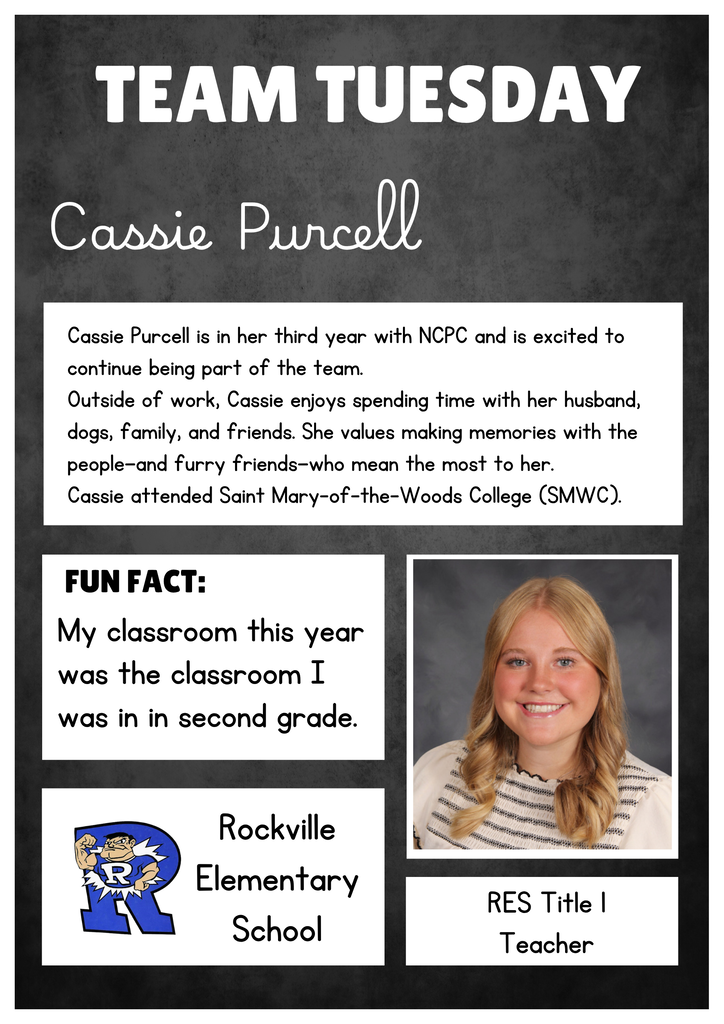 Team Tuesday graphic featuring Cassie Purcell, a RES Title I Teacher at Rockville Elementary School. The graphic includes Cassie’s professional photo, a biography noting her third year with NCPC, her enjoyment of spending time with her husband, dogs, family, and friends, and her education at Saint Mary-of-the-Woods College. A fun fact shares that her classroom this year was the same classroom she attended in second grade. Rockville Elementary School is identified at the bottom.