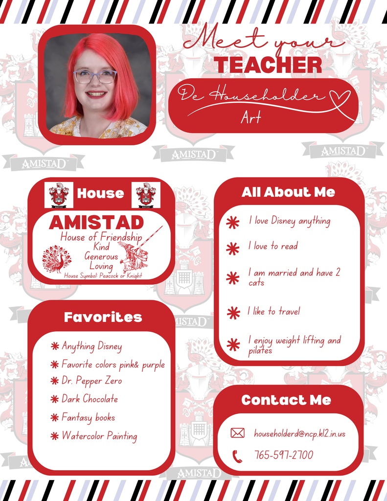 Meet Your Teacher graphic featuring De Householder, an Art teacher in Amistad House. The graphic includes De’s professional photo and information about her Amistad House affiliation, described as a house of friendship, kindness, generosity, and love. Her interests include Disney, reading, traveling, watercolor painting, weightlifting, and Pilates. Her favorites include Disney, pink and purple, Dr Pepper Zero, dark chocolate, and fantasy books. Contact information is provided for De Householder.