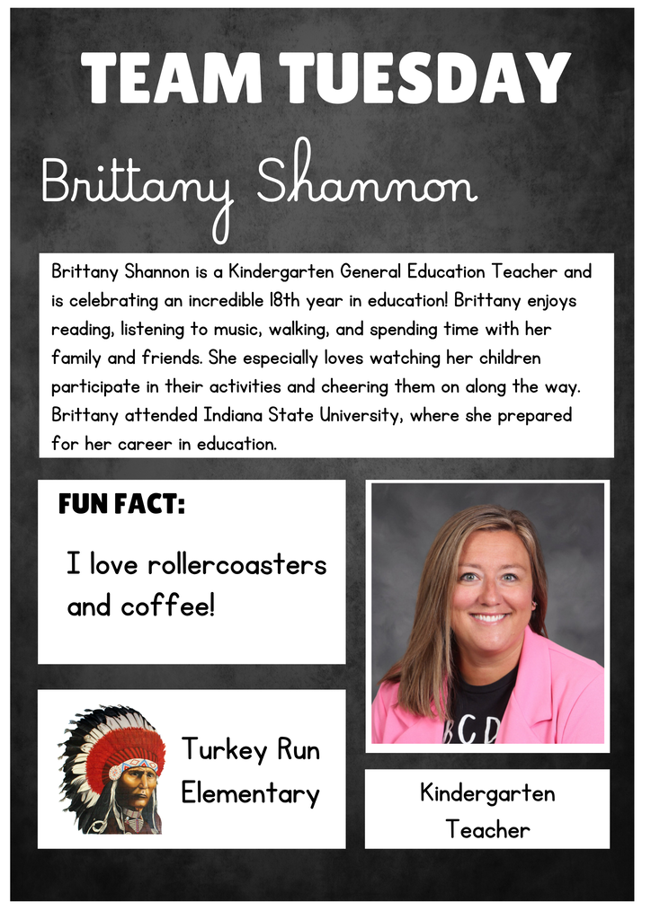 Team Tuesday graphic featuring Brittany Shannon, a Kindergarten General Education Teacher at Turkey Run Elementary. The graphic includes Brittany’s professional photo, a biography highlighting her 18 years in education, interests in reading, music, walking, and spending time with family and friends, and her education at Indiana State University. A fun fact says she loves roller coasters and coffee. Turkey Run Elementary is identified at the bottom.