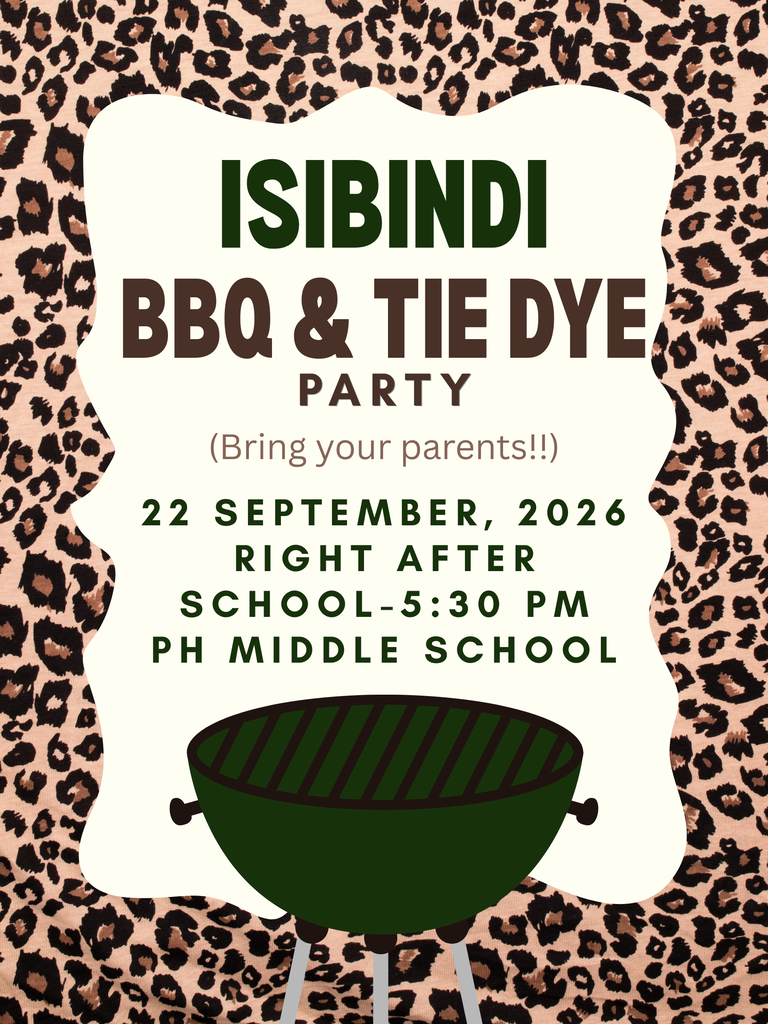 Flyer with a leopard-print background and cream center panel. Text announces an “ISBINDI BBQ & TIE DYE PARTY” on September 22, 2026, right after school until 5:30 PM at PH Middle School. A green grill graphic appears at the bottom.